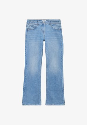 Hellblaue Jeans aus Denim mit leicht ausgestelltem Bein, ausgestattet mit vorderen Taschen, Gürtelschlaufen und Knopfverschluss.