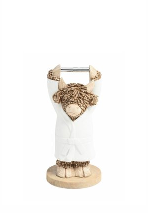 Wooden bull figurine wearing a white robe holding a silver towel bar above its head on a round wooden base.