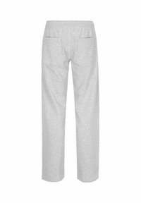 Lichtgrijze sweatpants met elastische tailleband en twee achterzakken, gezien van achteren tegen een witte achtergrond.