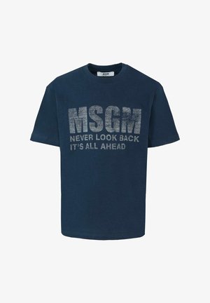 Marineblauwe katoenen T-shirt met opvallende zilveren glittertekst: "MSGM NEVER LOOK BACK IT'S ALL AHEAD." Klassieke ronde hals en korte mouwen.