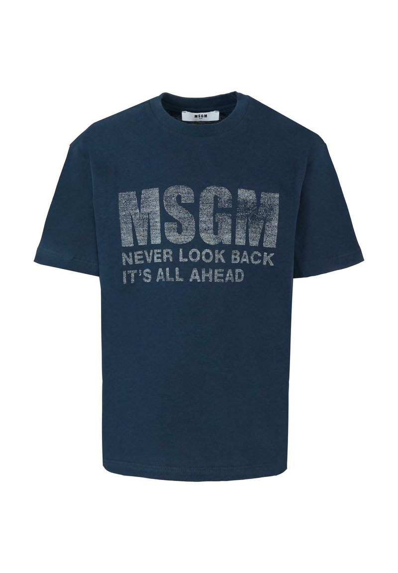 Marineblauwe katoenen T-shirt met opvallende zilveren glittertekst: "MSGM NEVER LOOK BACK IT'S ALL AHEAD." Klassieke ronde hals en korte mouwen.