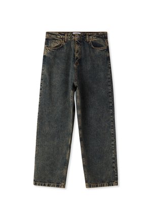 Jeans in denim blu scuro con design a gamba dritta, dotati di cinque tasche e chiusura con bottone. Texture consumata e dettagli di cuciture visibili.