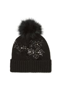 Gorro de punto negro con puño acanalado, que presenta bordados florales en plata y negro, y un gran pompón de pelo sintético negro en la parte superior.