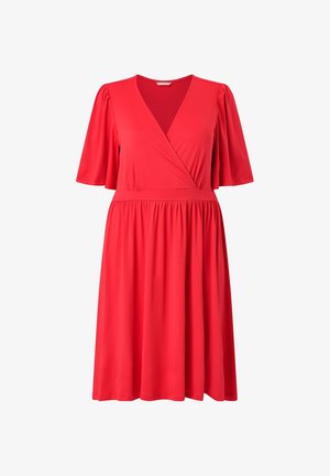 Rød knælængde kjole med V-hals, bodice i slå-om-stil, talje med pasform og ærmer med flagrende kant til albuelængde.