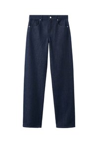 Jeans de denim azul oscuro con un diseño de pierna recta, que cuentan con bolsillos frontales, pasadores para cinturón y un cierre de botón único. Textura suave.