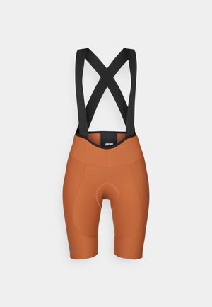 Orange Bib-Shorts mit schwarzen elastischen Trägern, gepolstertem Sitzbereich, figurbetontem Design und glatter Textur. Keine sichtbaren Logos oder Muster.