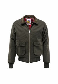 Veste bomber vert foncé avec fermeture éclair à l'avant, col en velours côtelé, deux poches avant et doublure en tartan rouge et noir.