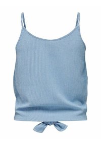 Top caraco rayé bleu et blanc avec fines bretelles spaghetti et un détail noué à l'avant. Confectionné dans un tissu léger, offrant une coupe décontractée.