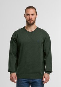 Zielony sweter z długimi rękawami, okrągłym dekoltem, miękką fakturą i ściągaczami. Posiada małe, kontrastowe logo na klatce piersiowej. Noszony z niebieskimi dżinsami.