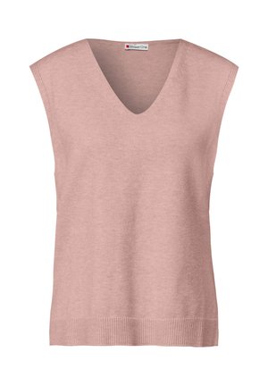 Gilet tricoté sans manches rose avec décolleté en V et ourlet côtelé, étiqueté "Street One" à l'intérieur du col.