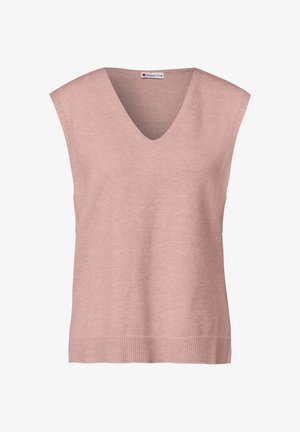 Chaleco de punto sin mangas en color rosa con escote en V y dobladillo acanalado, etiquetado "Street One" en el interior del cuello.