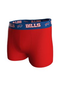 Boxer aderenti rossi con una cintura in vita blu su cui è stampato "BILLS" in bianco, con un logo sul lato sinistro. Tessuto liscio e design aderente.