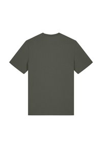 T-shirt à manches courtes couleur vert olive en tissu doux, avec un col rond classique et une texture simple et lisse sans motifs.