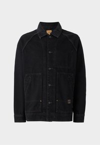 Black denim jacket with a classic collar, front button closure, two side patch pockets, and one chest pocket; visible stitching accents.