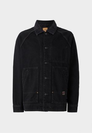 Black denim jacket with a classic collar, front button closure, two side patch pockets, and one chest pocket; visible stitching accents.