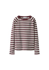 Pikad varrukad särgiga, mis on bordoopunaste ja kreemjate horisontaaltribudega, soonikkoeline tekstuur ning väike must sümbol vasaku ülakeha piirkonnas.