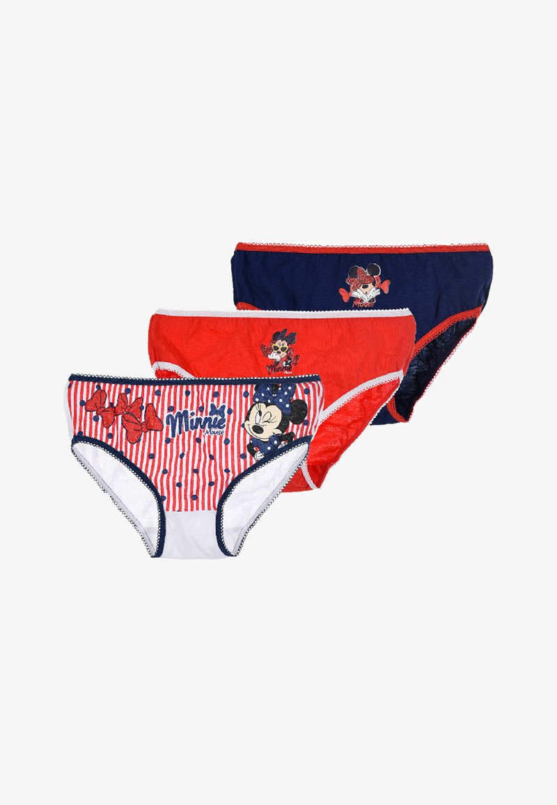 Tre paia di mutandine per bambini: colori rosso e blu navy, in cotone, decorate con pois e righe, con Topolino e fiocchi.
