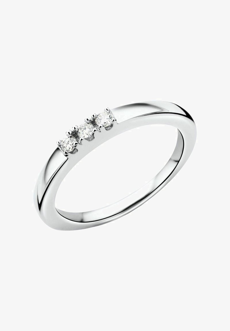 White gold ring featuring three round diamonds set in a sleek, polished band with a smooth, curved profile.