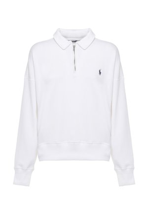 Pullover bianco a manica lunga con collo e cerniera corta frontale, con piccolo logo scuro sul petto a sinistra.