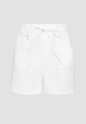 White cotton shorts with an elastic waistband and drawstring, featuring two side pockets and a relaxed fit. Smooth texture, knee-length cut.