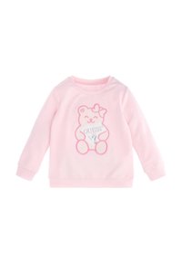 Felpa rosa realizzata in morbido materiale, caratterizzata da una grafica di orso con un fiocco e un logo a forma di cuore, contorni a contrasto e maniche lunghe.