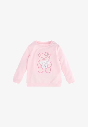 Rózsaszín pulóver puha anyagból, medve grafikával, masnival és szívformájú logóval, kontrasztos körvonalakkal és hosszú ujjal.