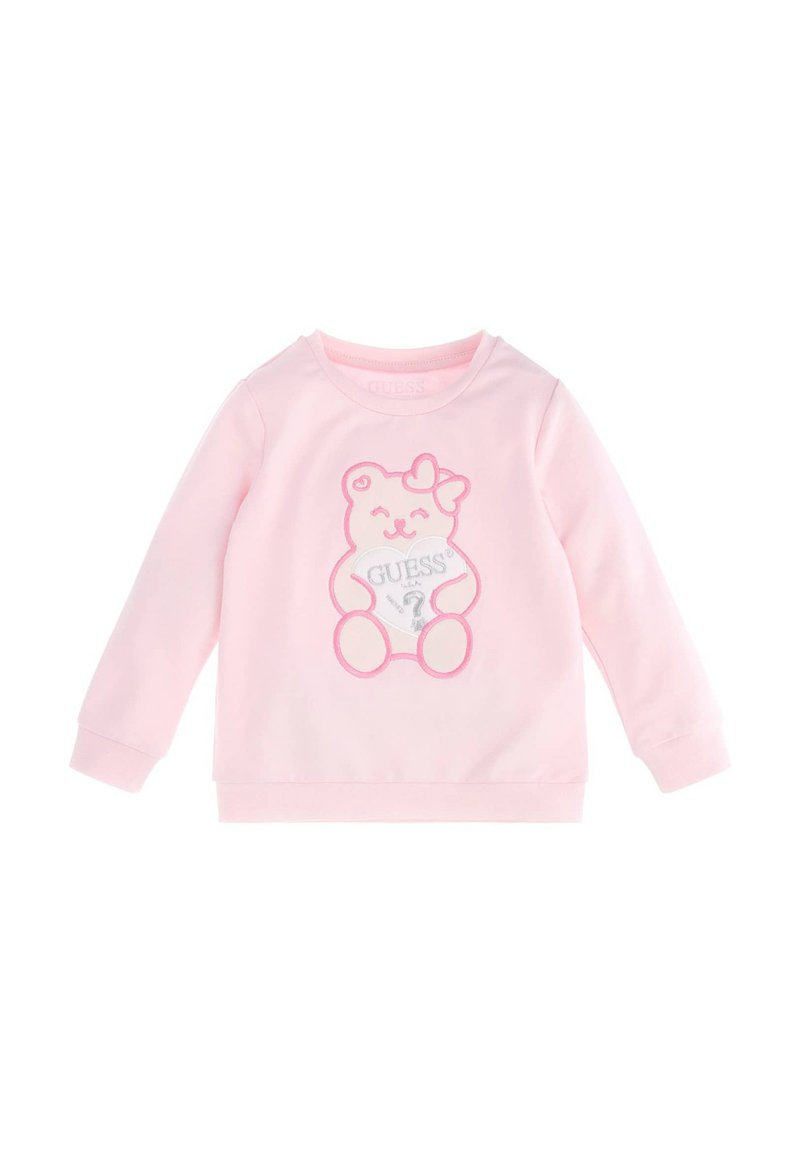 Felpa rosa realizzata in morbido materiale, caratterizzata da una grafica di orso con un fiocco e un logo a forma di cuore, contorni a contrasto e maniche lunghe.
