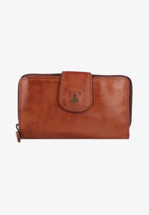 Portafoglio in pelle marrone con chiusura a scatto, decorato con un sottile emblema dell'ancora. Il design include una cerniera e una superficie liscia.