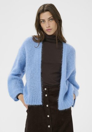 Hellblauer, flauschiger Cardigan mit offenem Vorderteil, gerippten Bündchen und entspannter Passform. Tragend über einem braunen Rollkragenpullover und einem braunen Cordrock.