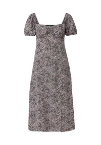 Robe midi florale avec des manches courtes bouffantes, décolleté carré et coupe ample. Le matériau présente un motif abstrait noir et rose.