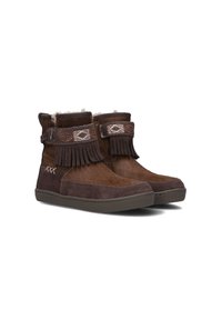 Bruine enkellaarsjes van suede en bont, met franjes en decoratieve stiksels. De rubberen zool biedt grip en duurzaamheid.