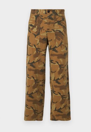 Camo-patterned cargo pants in brown and green hues, made of lightweight fabric, featuring four pockets and a button closure.
