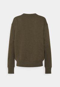 Olivgrön pullovertröja i mjukt material, med rundad hals, långa ärmar och ribbade muddar och nederkant. Enfärgad baksida utan grafik.