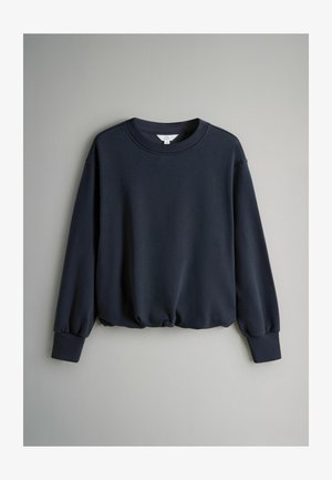 Marineblauwe sweatshirt gemaakt van zachte stof met een ronde hals, lange pofmouwen en een gerimpelde zoom aan de onderkant. Gladde structuur, minimalistisch ontwerp.