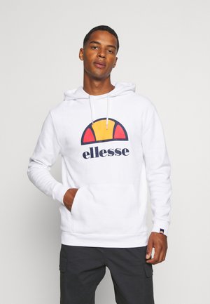 Sudadera blanca con un gráfico colorido en amarillo, rojo y azul marino. Incluye un bolsillo frontal y cordones ajustables.