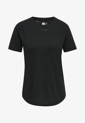 Schwarzes T-Shirt mit kurzen Ärmeln aus glattem Stoff, mit abgerundetem Saum, einem Mesh-Detail am Hals und einem dezenten Logo auf der Vorderseite.