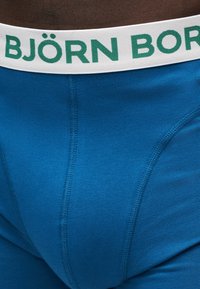 Κοντινό πλάνο μπλε ανδρικών εσωρούχων με λευκή μέση που φέρει πράσινο κείμενο «BJÖRN BORG».