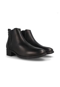 Botas de tobillo de cuero negro con un tacón bajo en bloque, cremalleras laterales y acentos texturizados en la parte posterior. Superficie lisa con un diseño de punta redonda.