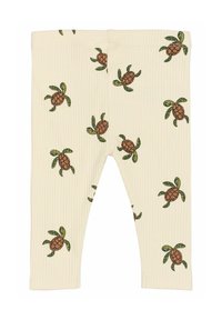 Puha, bordás anyagból készült leggings, krémszínű háttérrel, zöld és barna teknős mintákkal. Rugalmas derékpánt a kényelem érdekében.
