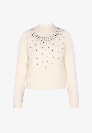 Flauschiger weißer Pullover mit hohem Halsausschnitt und bunten, mit Juwelen besetzten Akzenten, die über die Brust verteilt sind. Leicht, mit langen Ärmeln und gerippten Bündchen.