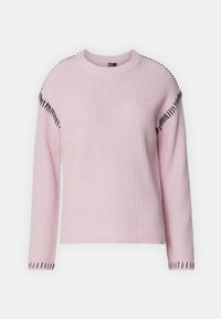 Ljusrosa stickad tröja med rund halsringning, med svart dekorerande sömnad längs axlarna och ärmsluten.