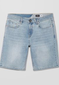 Light blue denim shorts with a straight cut, five pockets, and a button fly. The fabric has a soft texture with subtle fading.