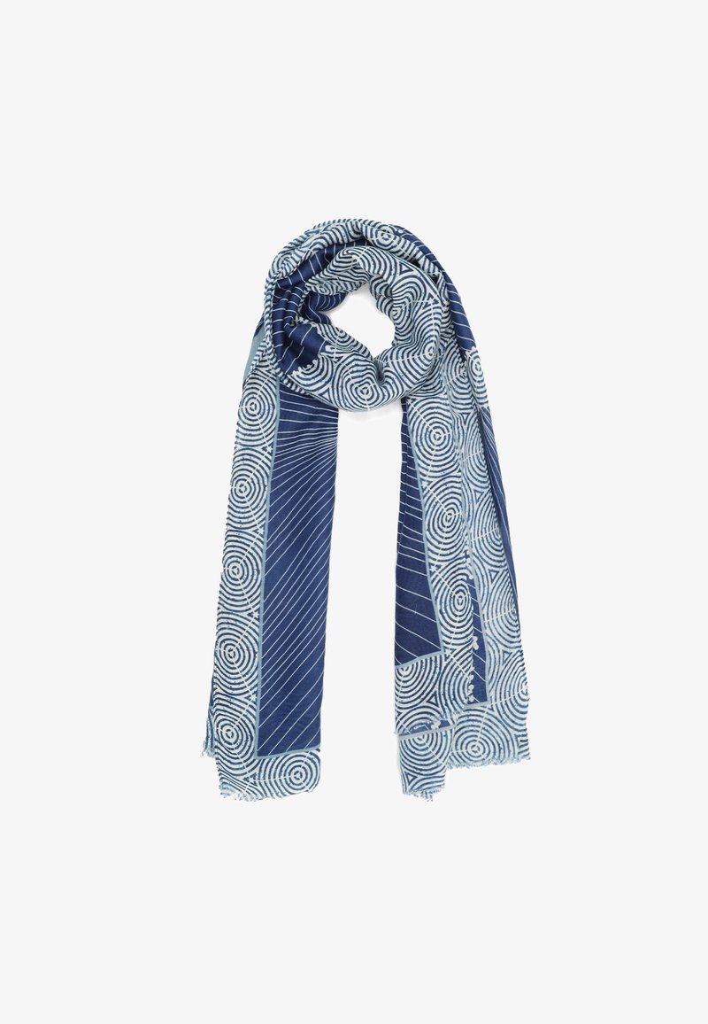 Sciarpa navy con motivi circolari e a righe bianchi e bordi frangiati. Realizzata in tessuto morbido, si adagia delicatamente quando indossata.