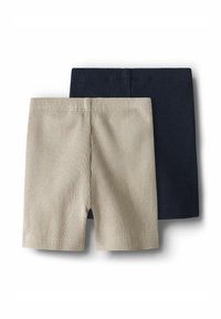 Deux paires de shorts côtelés : une en beige et une en bleu marine foncé. Chacune dispose d'une taille élastique et d'une texture lisse.