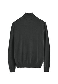 Mörkgrå tröja med hög krage, ribbade ärmslut och nederkant. Slät textur med en enkel, ren design, sedd bakifrån.