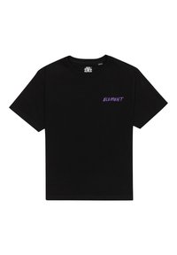 Camiseta de algodón negra con mangas cortas, que presenta un logo púrpura de "ELEMENT" en el lado izquierdo del pecho. Diseño de cuello redondo.