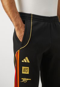 Black sweatpants featuring gold accents, red and orange stripes, side pockets, and embroidered logos including Adidas and NTS.