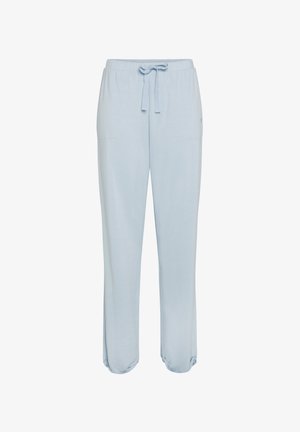 Pantaloni de jogging relaxați de culoare albastru deschis, confecționați dintr-un material moale, având un tiv elastic cu șnur și două buzunare frontale.