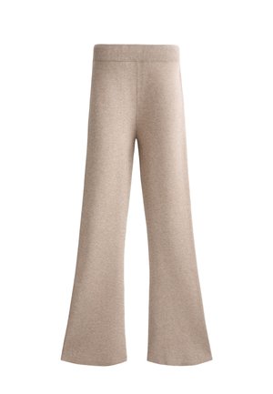 Beige Schlaghosen mit einem gerippten Bund, weichem Material und entspanntem Schnitt. Keine sichtbaren Muster oder Hardwaredetails.