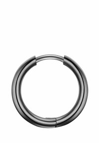 Inel metalic circular cu o finisare întunecată și lucioasă. Prezintă o suprafață netedă și elegantă, precum și un design cu două benzi pentru un aspect mai complex.